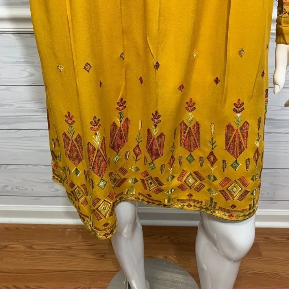 Beach Lunch Lounge Mustard Yellow Aztec Finely Embroidered Boho Dress - S‎